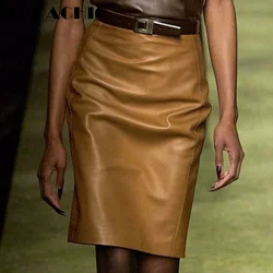 8.4 TOPACHIC-Women's High Quality Stitched Genuine Leather Skirt With Gold Belt Fashion All-matches Sheepskin A-Line Skirt