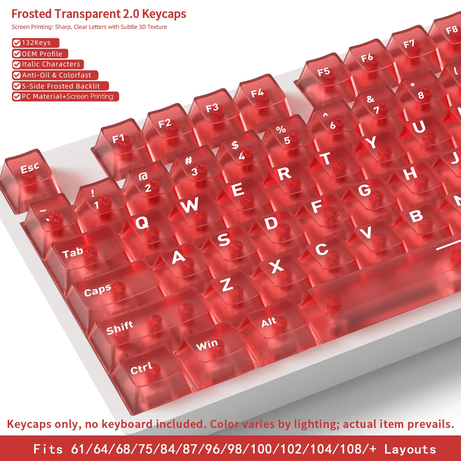132 Keys Red Foggy Transparent Keycaps Cherry Profile UV pad print PC Keycaps For Cherry MX Mechanical Keyboard