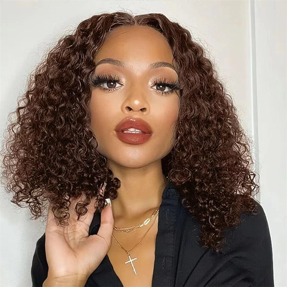 #4 Colored Brown Deep Wave Lace Frontal Human Hair Bob Wigs For Black Women Burmese Human Hair 13x4 Lace Front Short Curly Brown Bob Wigs Human Hair Pre Plucked 10-16 Inches