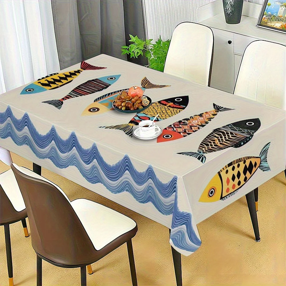 Cartoon Fish Print Rectangle Tablecloth for Table Decor Washable Colorful Fish Kitchen Dining Table Cloth Home Party Decorations