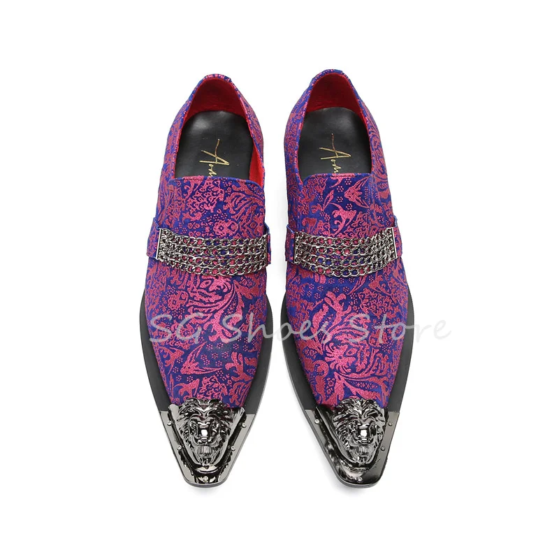 

British Style Metal Pointed Toe Chunky Heel Loafers for Men Wedding Dress Leather Shoes Summer Breathable Leisure Male Oxfords