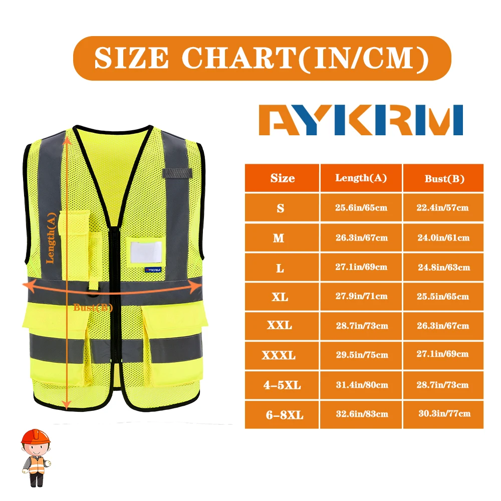 AYKRM 21 Colour (XS-8XL) Hi Vis Viz High Visibility Reflective Zip Pocket Security Waistcoats Jacket Workwear Vests