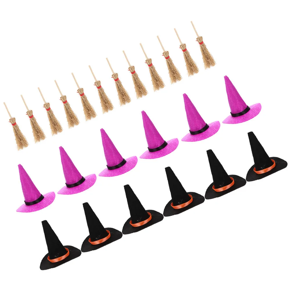 1 conjunto de chapéus de bruxa em miniatura, mini chapéu de halloween, decoração de vassoura, suprimentos de artesanato de bruxa minúscula, decoração de festa de micro paisagem