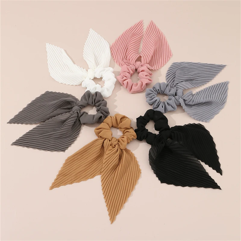 6Pcs/set Pleated Ribbon Scrunchie – Long Satin Tassel Ponytail Holder for Summer Vacation. view 6