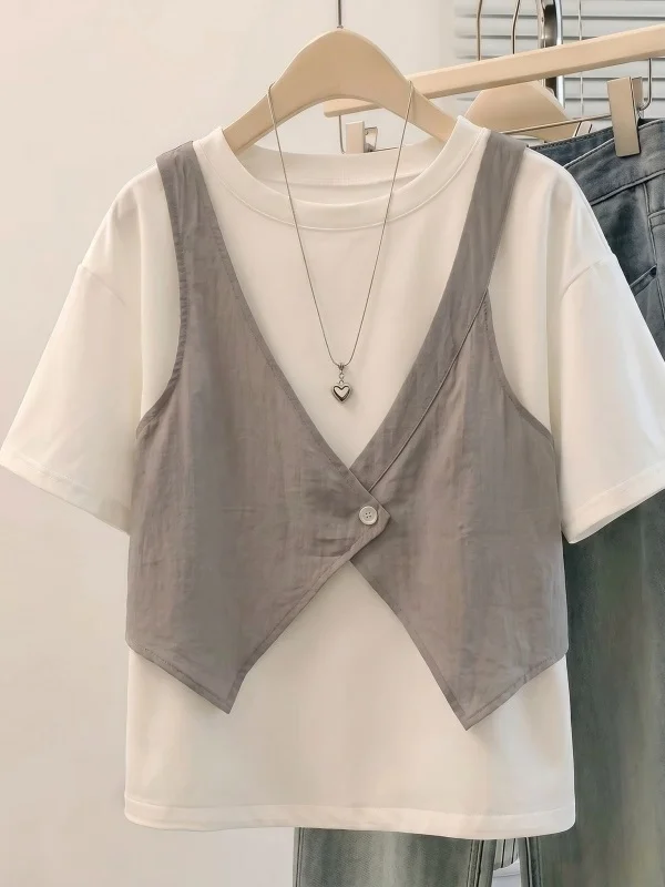 

Korean Style Loose Fit Short Sleeve Shirt Women's Mid-Length Top Summer New plus Size Fashion Commute Style Patcher Design