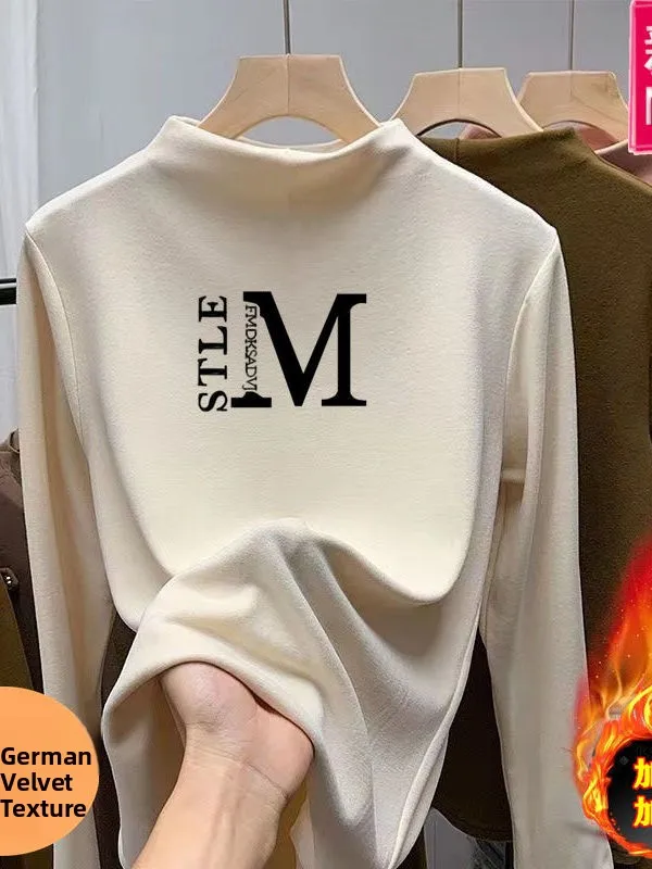 

Теплая женская двусторонняя футболка больших размеров с принтом, высоким воротом, длинными рукавами, повседневная, для ношения как нижнее или верхнее белье, осень-зима