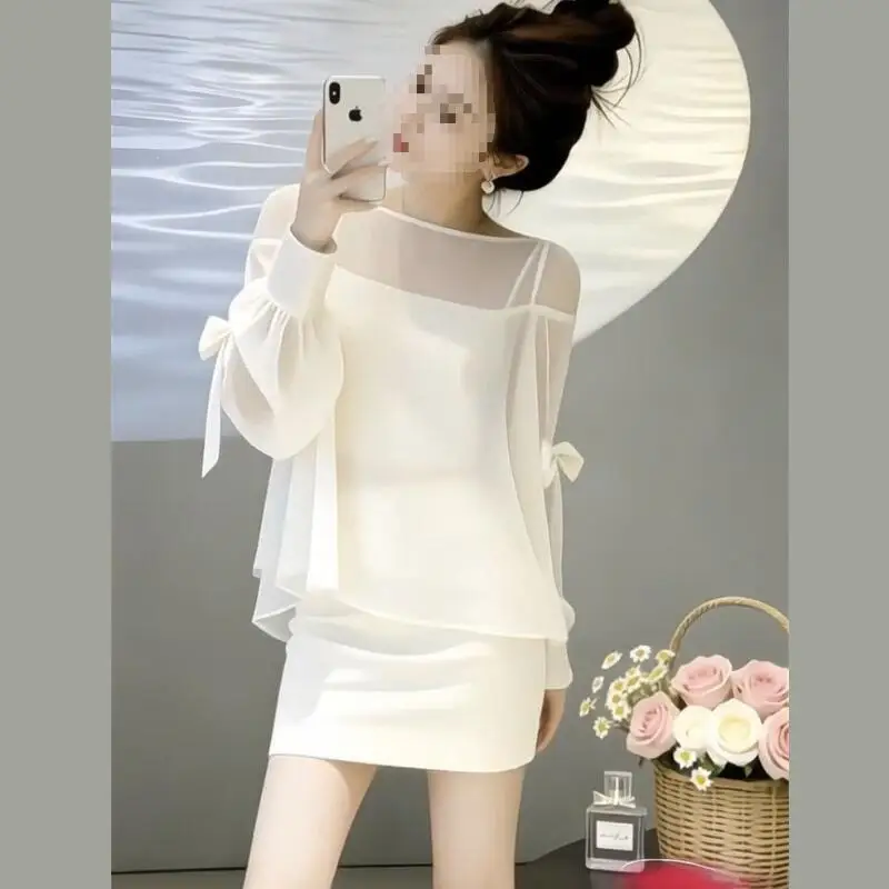 

Hot 2026 Spring Summer New Women Fashion Versatile Super Fairy Splicing Set Skirt Sweet Bow Splicing Elegant Tops Short Skirt