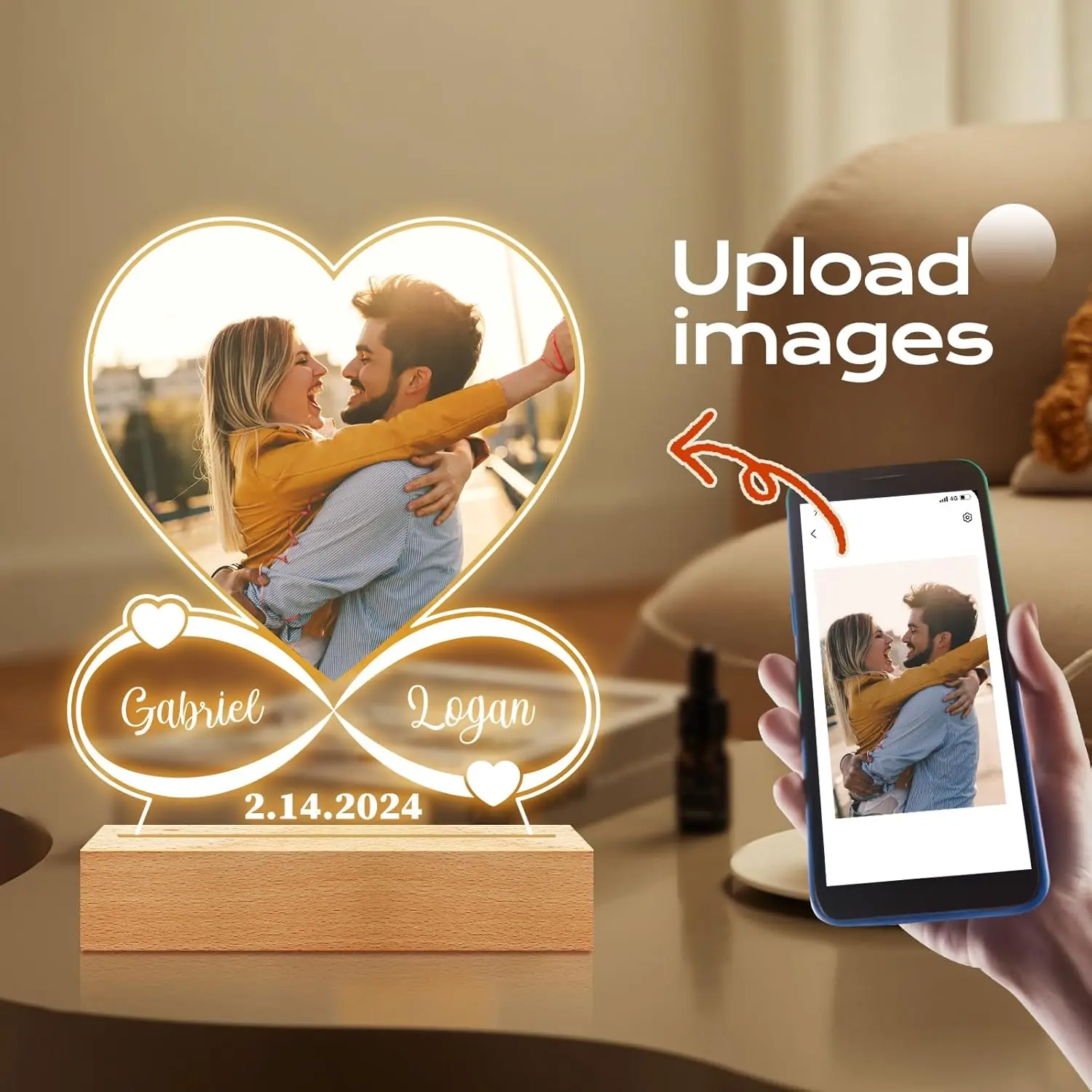 Custom Acrylic Heart Picture Frame with Photo Personalized Anniversary Couples Gift Custom Acrylic Plaque with Night Light