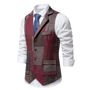 Green Men Vest Tweed Plaid Waistcoat Slim Fit Lapel Plaid Suit Vest Herringbone Vintage Vest For Wedding Groomsmen 5