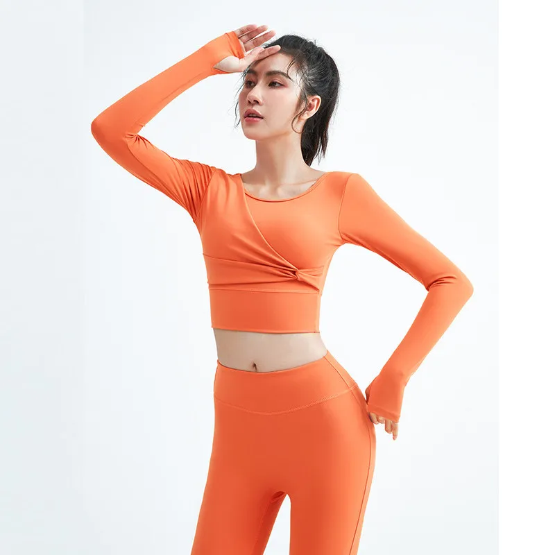 

Women Spring Winter Yoga Set Long Sleeve Padded Crop Top with Thumb Holes Wide Leg Pants Side Split Stretchy Elegant Fitness