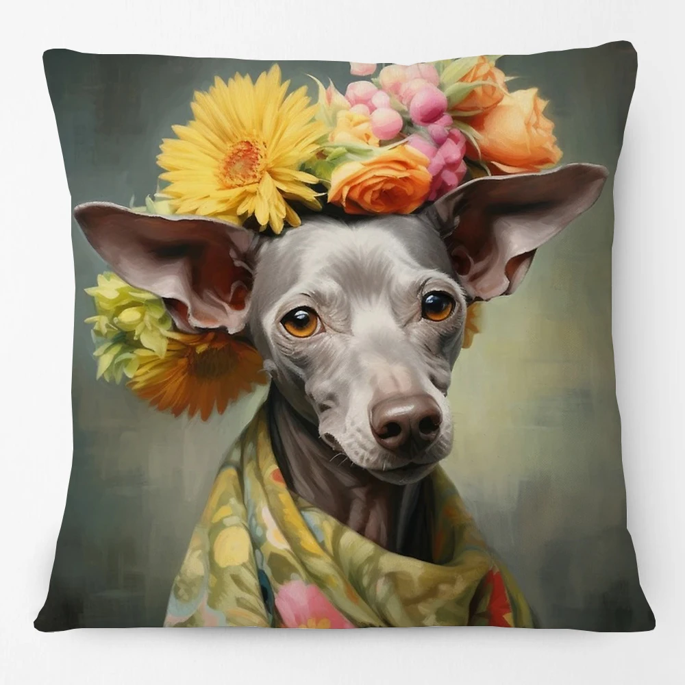 Dog With Floral Flower Headdress Rococo Style Poster Cushion Cover Pillow Case