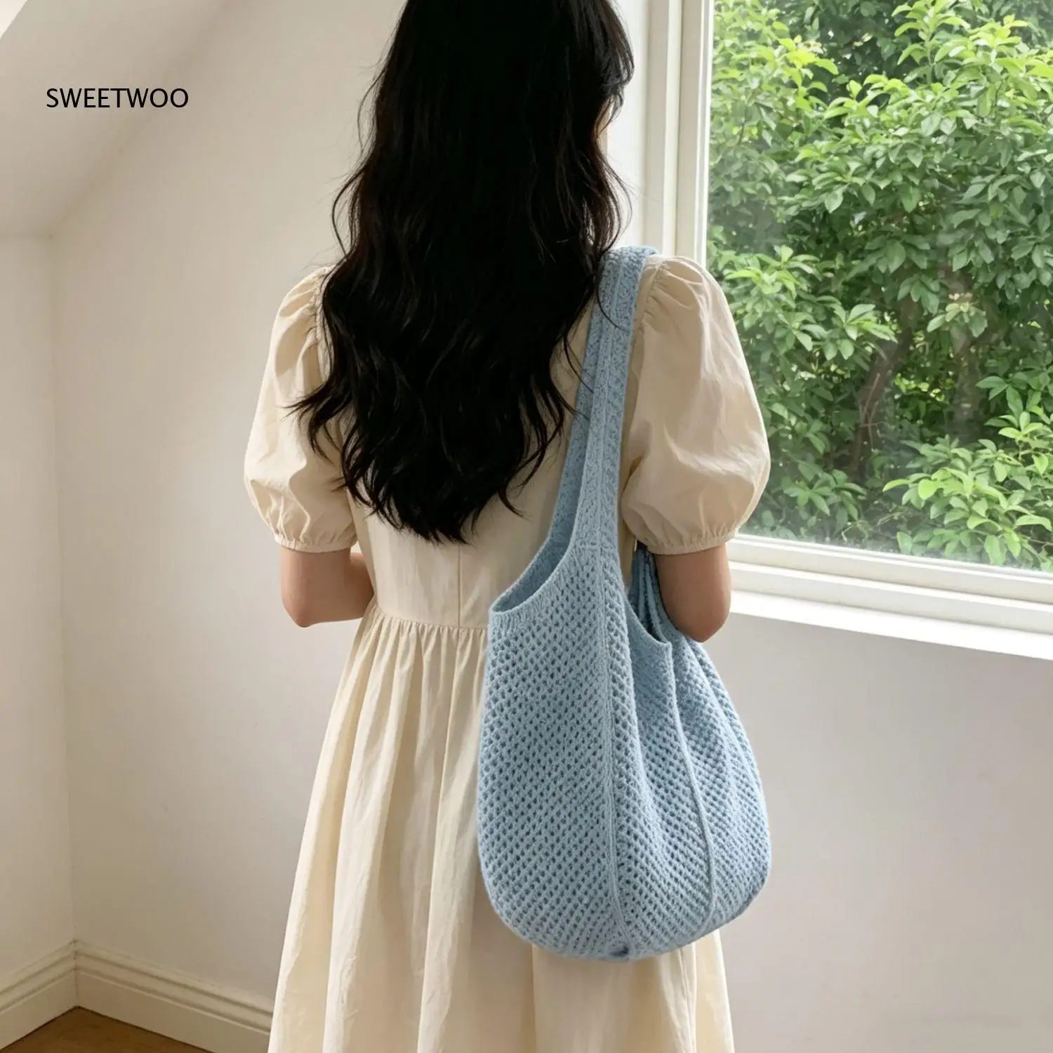 2026 Hollow Knit Mesh Tote Bag Breathable Crocheted Fabric Multi Pastel Tone Seaside Beach Vacation Women Shoulder Purse