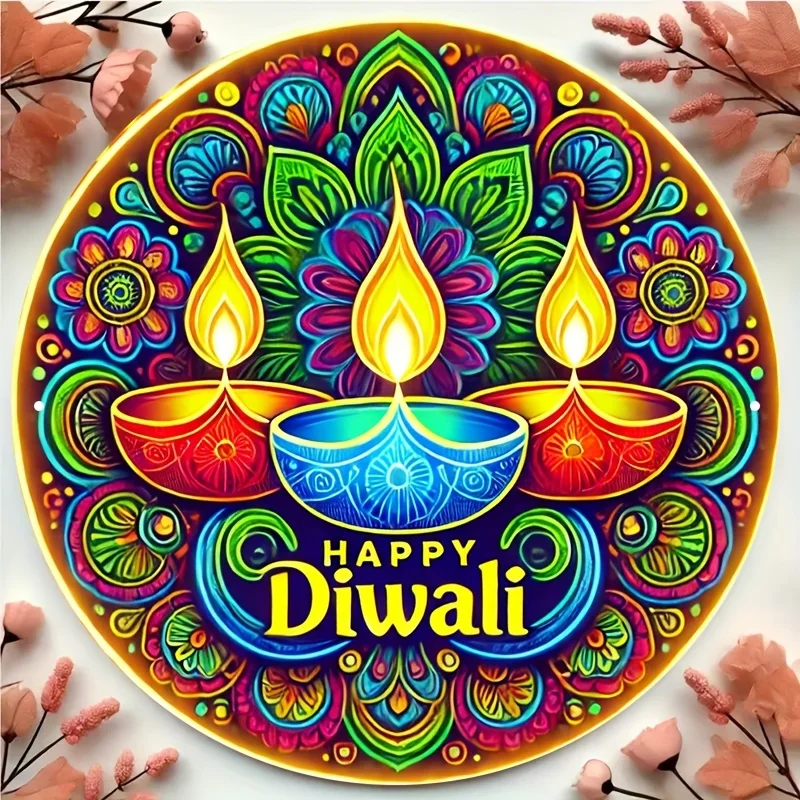 CIFBUY Boho Happy Diwali Diya Candle Floral Sign, Aluminum Wall Art Waterproof Wear Resistant Round Metal Plaque for Living Room