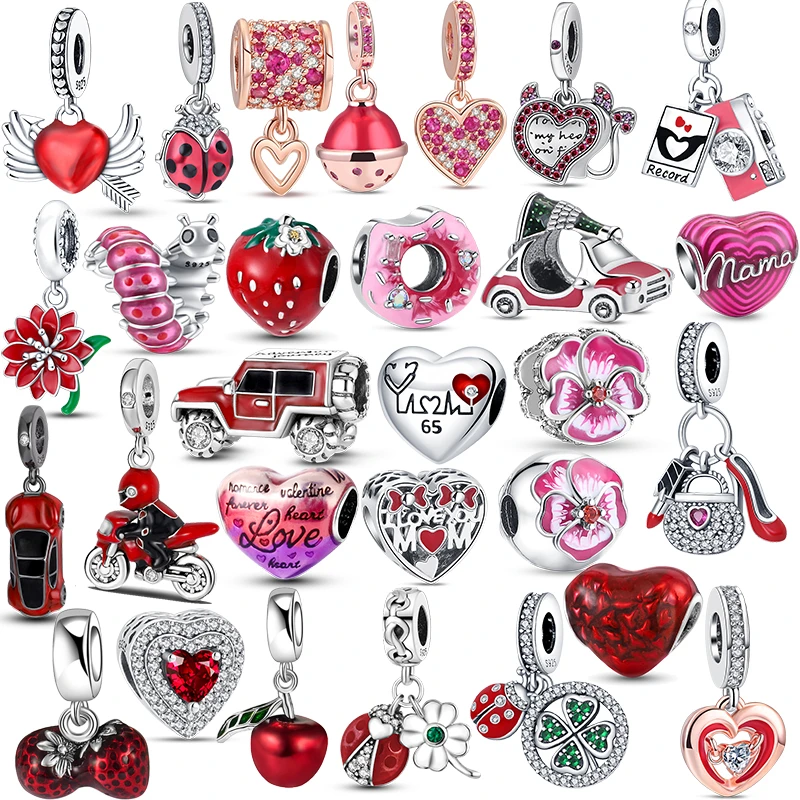 

925 Silver Fit Original Pandora Red Ladybird Camera Caterpillar Car Strawberry Dangle Charms Women Jewelry Bracelet Making Gift