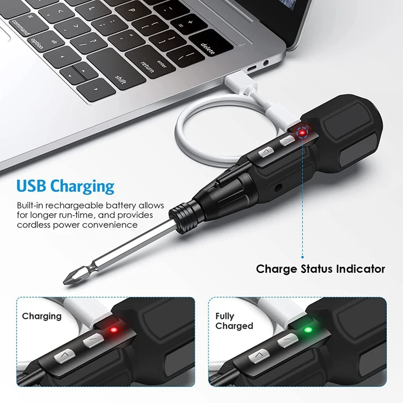 مجموعة أدوات إصلاح المنزل الأوتوماتيكية مفك براغي مزود بمصابيح LED وكابل USB باللون الأسود