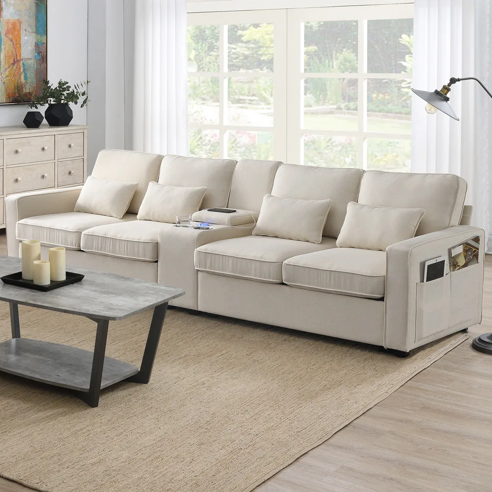 

114.2" Upholstered Sofa with Console,2 Cupholders,2 USB Ports,Modern Linen,4 Pillows (4-Seat)