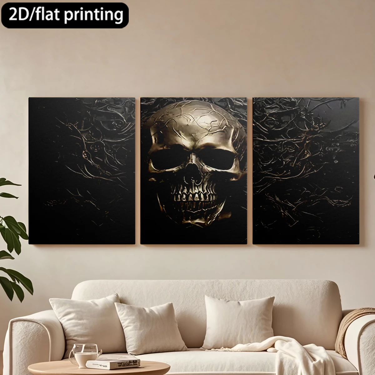 

2D плоская печать, 3-х частная картина на холсте в деревянной раме, декоративная живопись: Золотой череп, темные цветочные узоры. Декор для коридора и спальни.