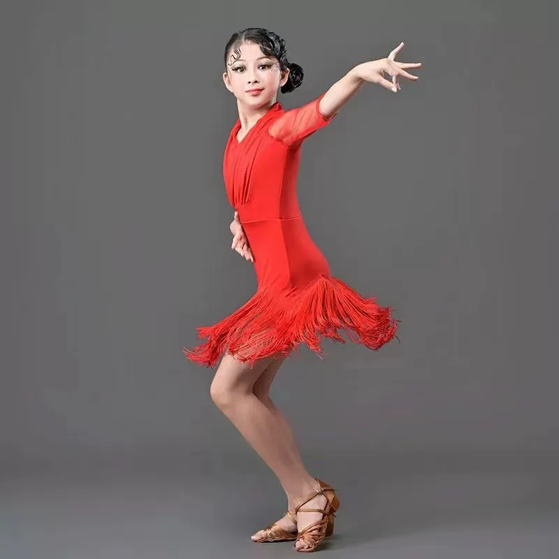 Children Latin Dance Dress 2023 New Swing Dance Dress Fringed Tango Salsa Ballroom Kids Dresses for Girls Costume Competition