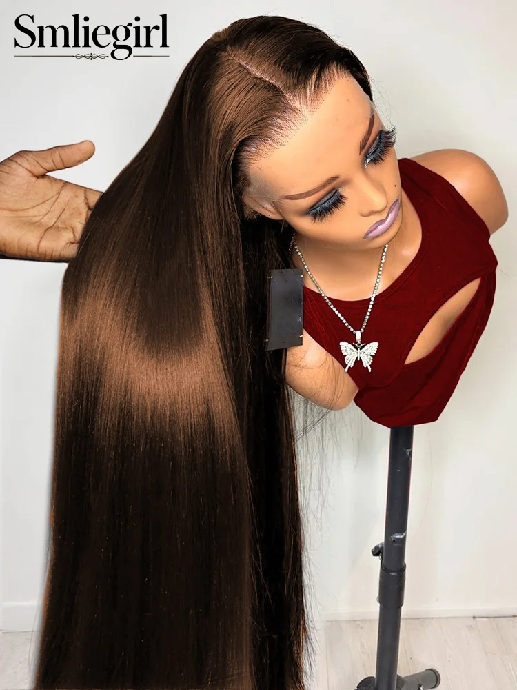 

Chocolate Brown Straight Human Hair Wig 32 34 Inches 13x6 Transparent HD Lace Frontal Pre Plucked Natural Hairline Wig For Women