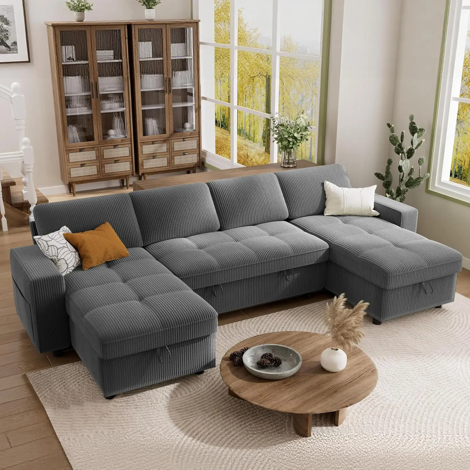 Sectional Sleeper Couch with Pull Out Sofa Bed, U Shaped Plush Corduroy Couch with Reclining Backrest & 2 Storages, Customized