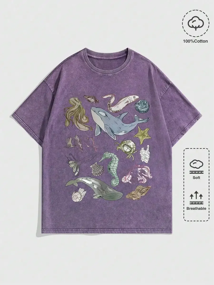 

230G Washed Cotton Marine Life Print Oversized Casual Short Sleeve Tee