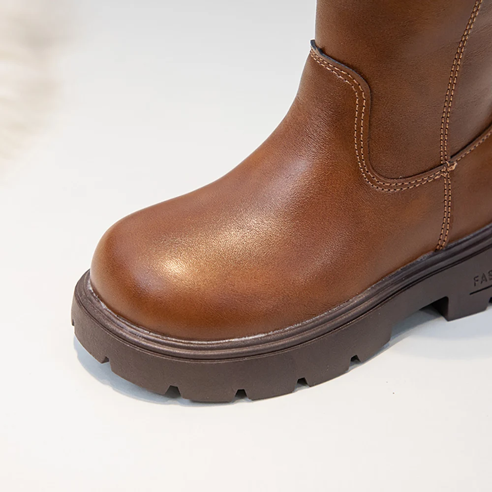 Winter Plush Boots For Girls PU Leather Faux Fur Teenager Girl's Snow Boots Calf Length Winter Long Boots For Girls Warm Shoes