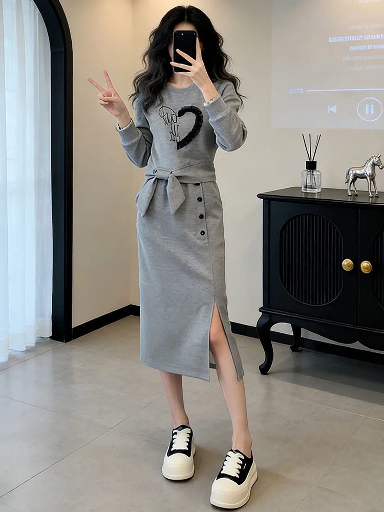 

Spor Sle Women's Two-Piece Set Spring Collection 2026 Waist-Cinching Midi Skirt Hoodie Casual Wear Comfortable Fit
