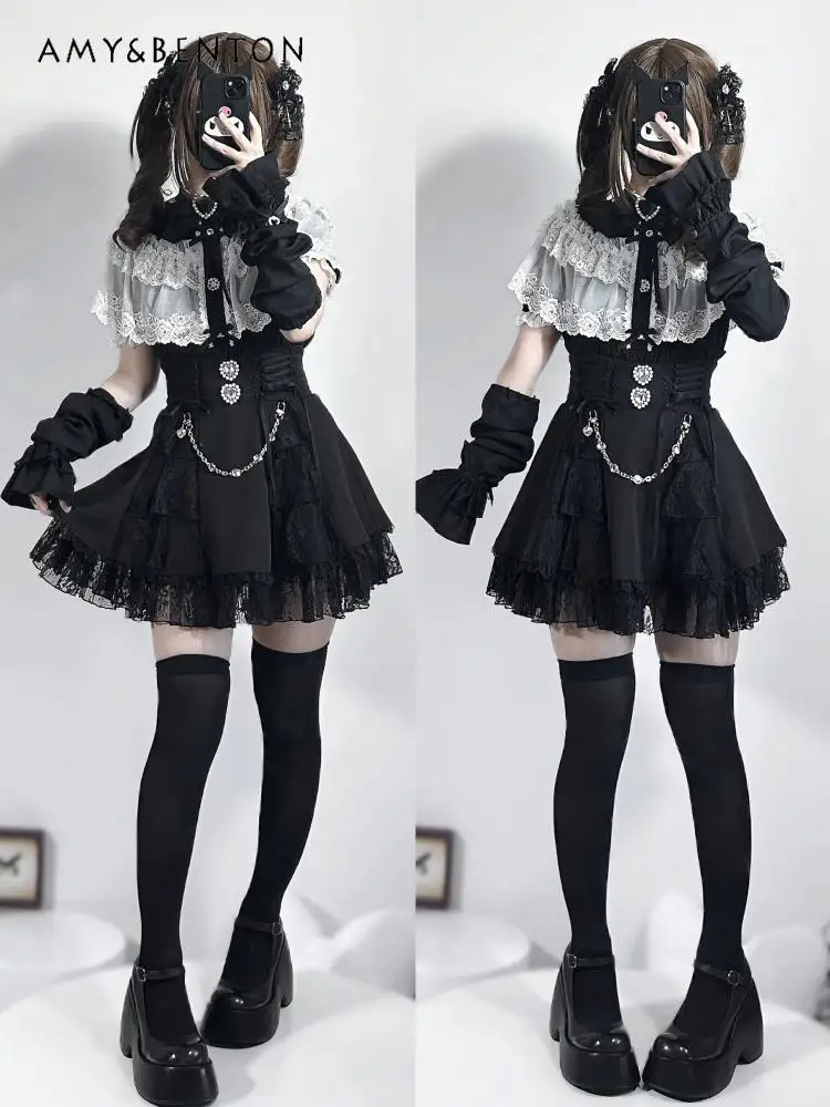 Mine Series Mass-produced Japanese Lace Cloak Heavy Industry Splicing Sleeves Short-sleeved Shirt Subculture Lolita Shirt Woman