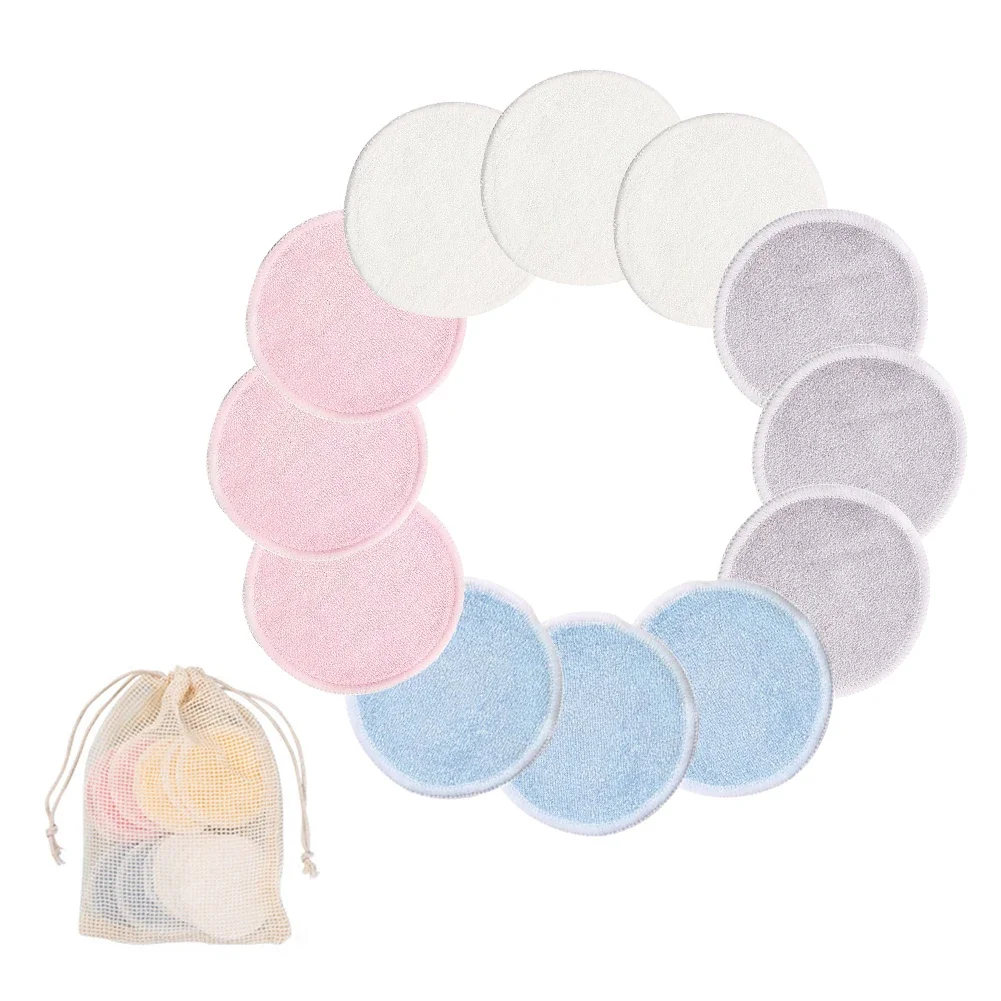 Reusable Bamboo Fiber Makeup Remover Pads 12pcs/Pack Washable Rounds Cleansing Facial Cotton Make Up Removal Pads Tool