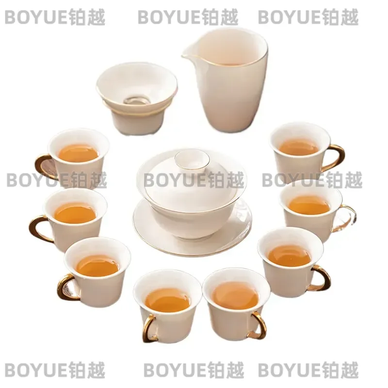 Chinese White Porcelain Tea Set Gold Painted Sancai Gaiwan Ceramic Teaware High End Gift Box Traditional Kung Fu Tea Ceremony