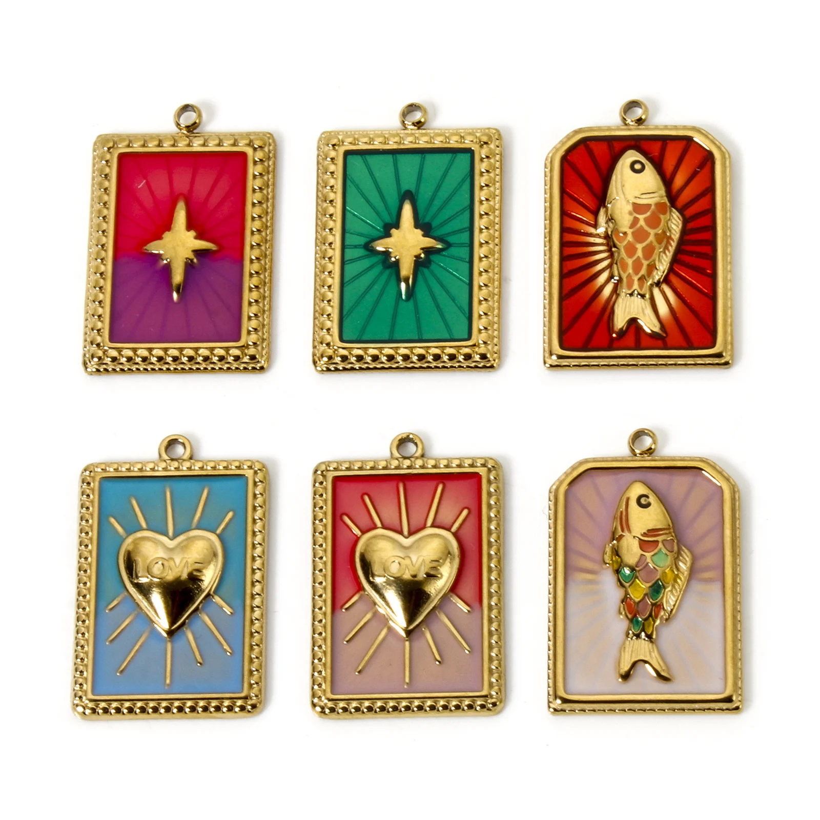 

304 Stainless Steel Rectangle Heart Earrings Charms 18K Real Gold Plated Fish Star Pendant For Jewelry Making Necklace DIY, 1PC