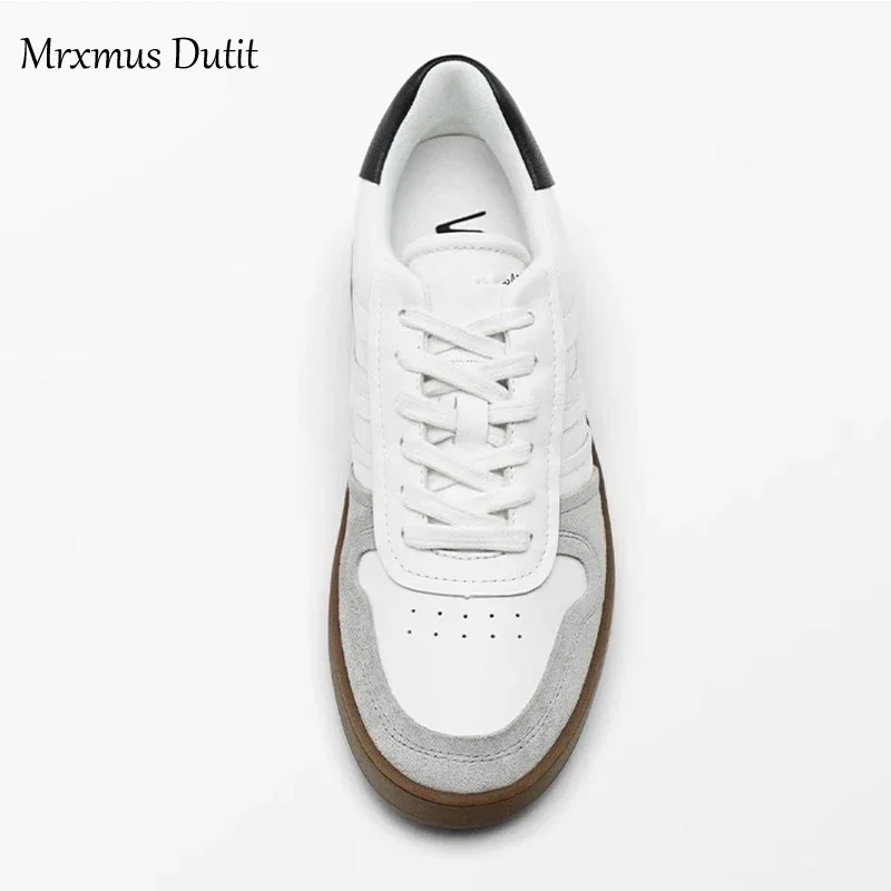 Mrxmus Dutit Women Autumn New 2024 Round Head Flats Shoes Leather Commute Versatile Lacing Sneaker Thick Soled Shoes Female Chic