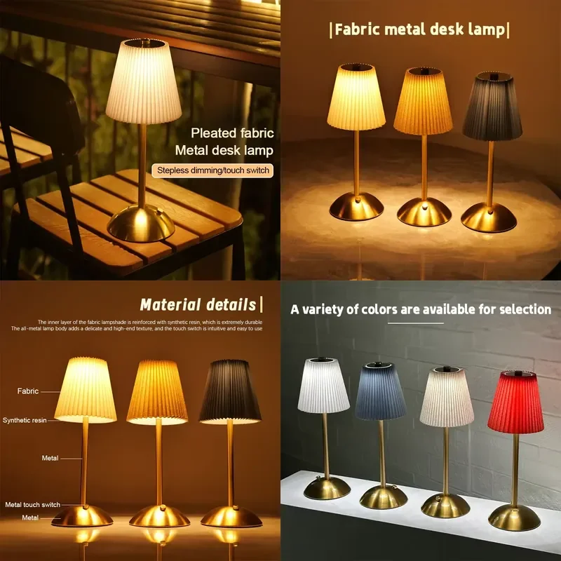 Small Pleated Table Lamp USB Rechargeable Nightstand Lamp Cordless Desk Lamp for Bedroom Living Room Home Office Decor
