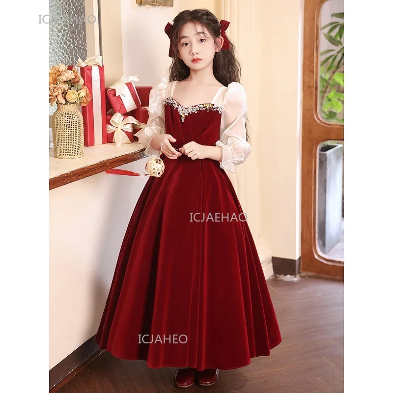 Red Christmas Princess Dress Girls Pageant Gown for Piano Recital Performance Party Birthday Party Formal Evening New Years
