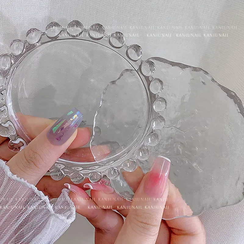 KANIU Japanese Style Crystal Glass Nail Color Tray Pearl/Floral Shaped Edging Shooting Props Nail Polish Watercolor Palette