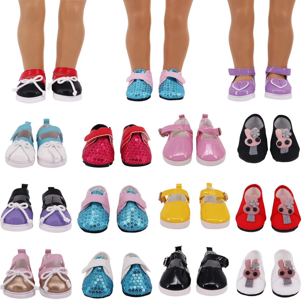 รองเท้าตุ๊กตา 7 ซม. รองเท้าหนังหลากหลายสไตล์ รองเท้าน่ารักสำหรับใส่ทุกวัน สำหรับตุ๊กตาสาวอเมริกันขนาด 18 นิ้ว และตุ๊กตาเด็กทารกขนาด 43 ซม. อุปกรณ์เสริมตุ๊กตา ของเล่นเด็กผู้หญิง