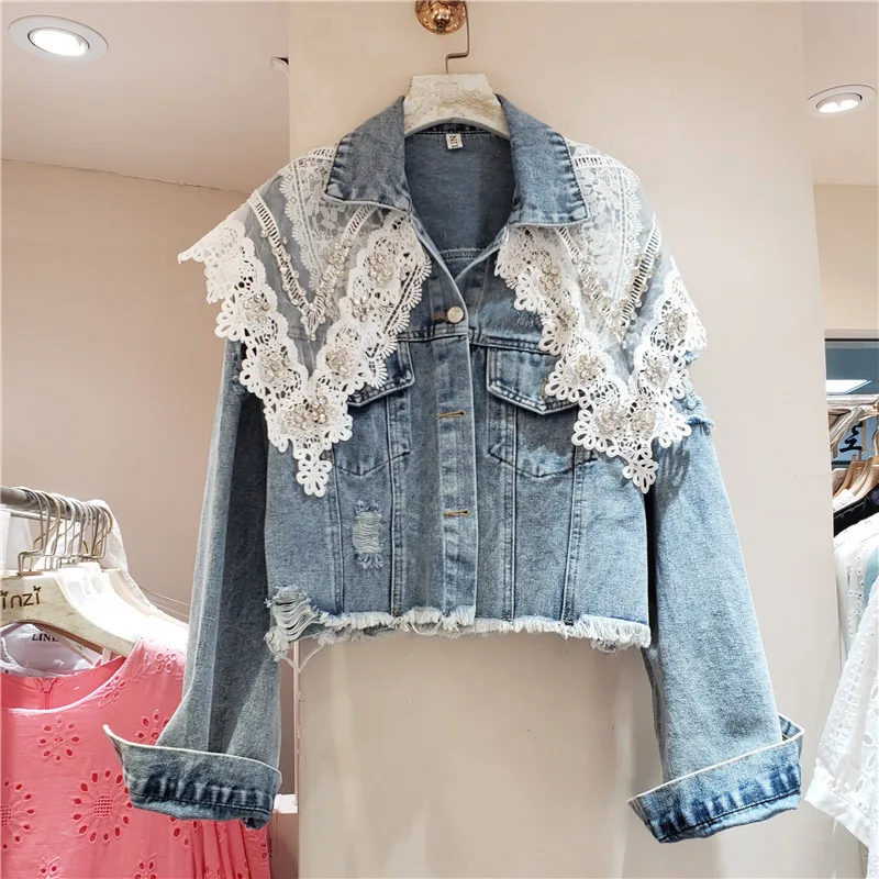 Heavy Work Beaded Diamond Lace Lapel Splicing Short Denim Jacket Spring Autumn Women Casual Frayed Burrs Hem Hole Jeans Jacket