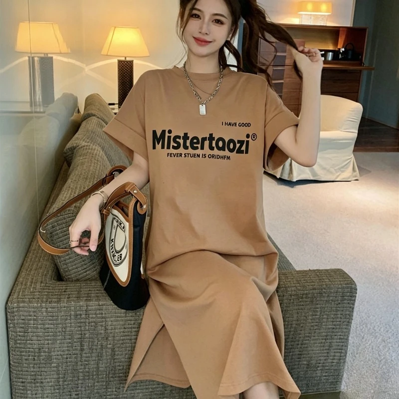 Übergrößes Casual T-Shirt-Kleid für Damen mit O-Ausschnitt, Kurzen Ärmeln, Buchstabendruck, Loses Langes T-Shirt-Kleid, Sommerliches Übergroßes Maxikleid