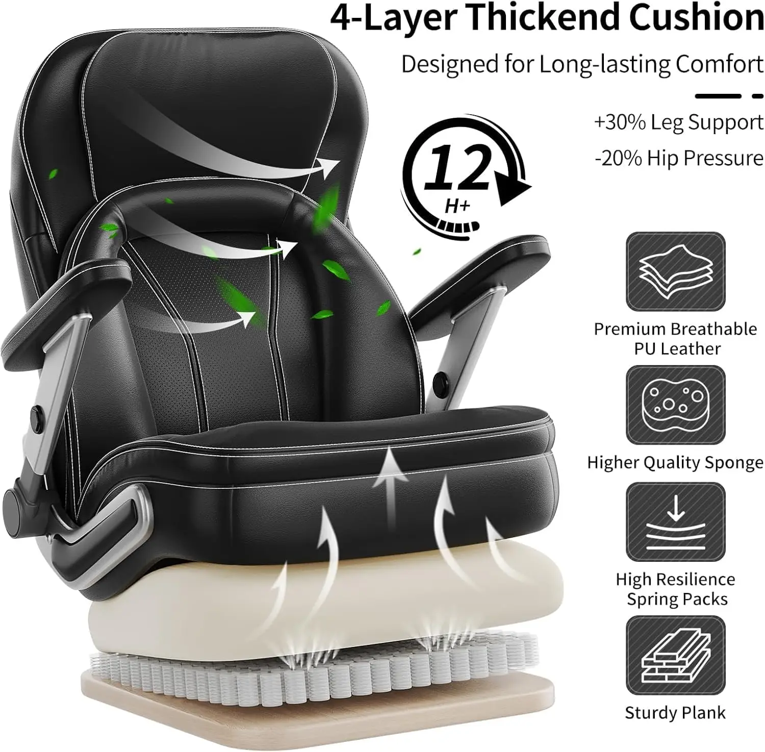 Silla de oficina grande y alta, resistente de 600 libras, silla ejecutiva ergonómica de cuero PU con lumbar ajustable, brazos 5D, ajuste de altura,