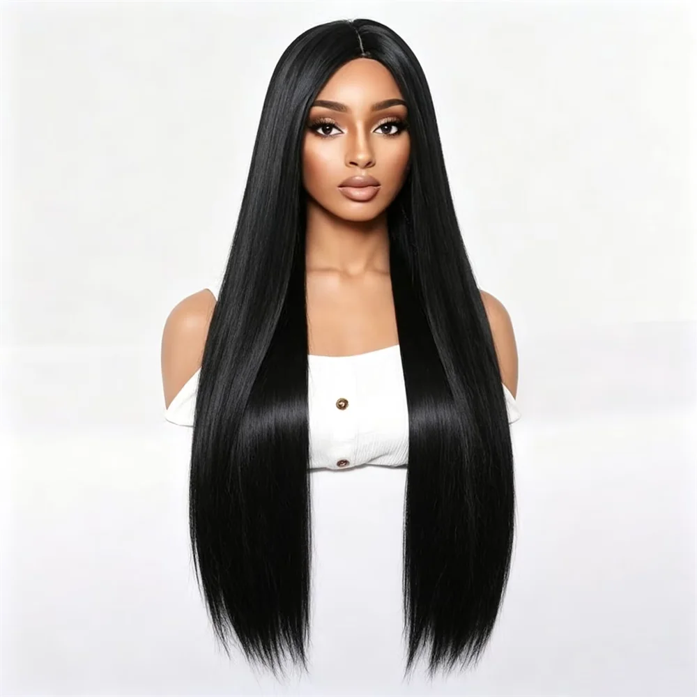 

Black Straight Soft Long 26Inch Heat-Resistant 13x4x1 Lace Front Wig For Women With Synthetic Preplucked Glueless Baby Hair