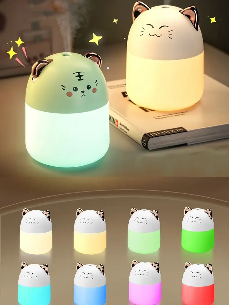 Umidificador de ar ultrassônico com luz noturna colorida, Cute Pet Aroma Difusor, Umidificadores de névoa fria para casa, escritório, quarto, 250ml