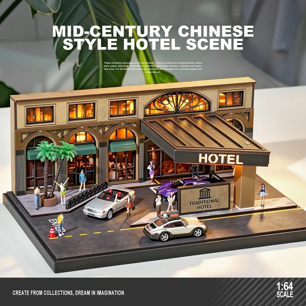 1/64 Mid-Century Hotel Diorama with Lamp Version Simulation Model Car Scene (Excluding dolls and car models)