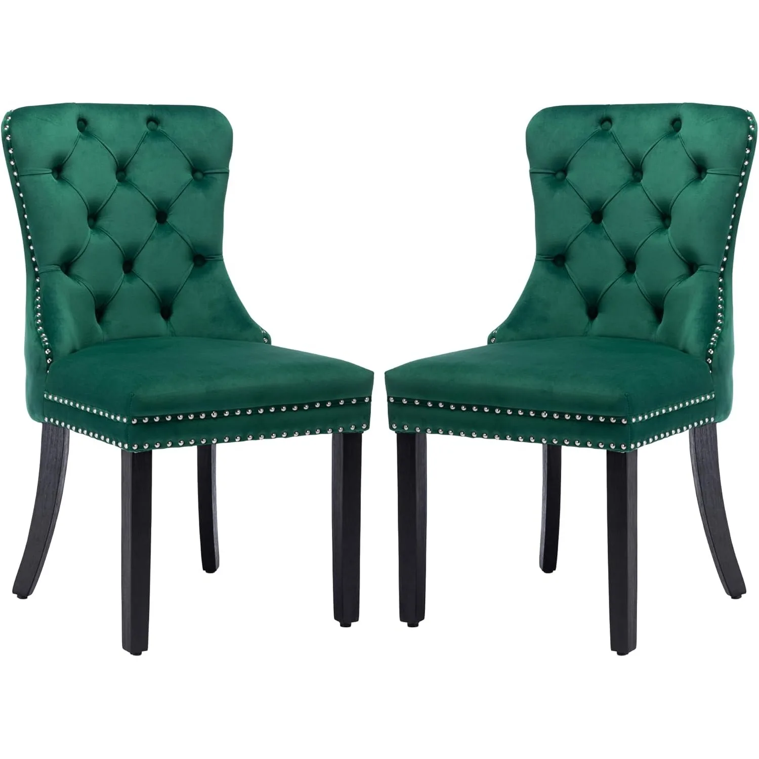 Velvet Dining Chairs Set of 2, Upholstered High-end Tufted Dining Chair with Nailhead Back Ring Pull Trim Solid Wood Legs, Green