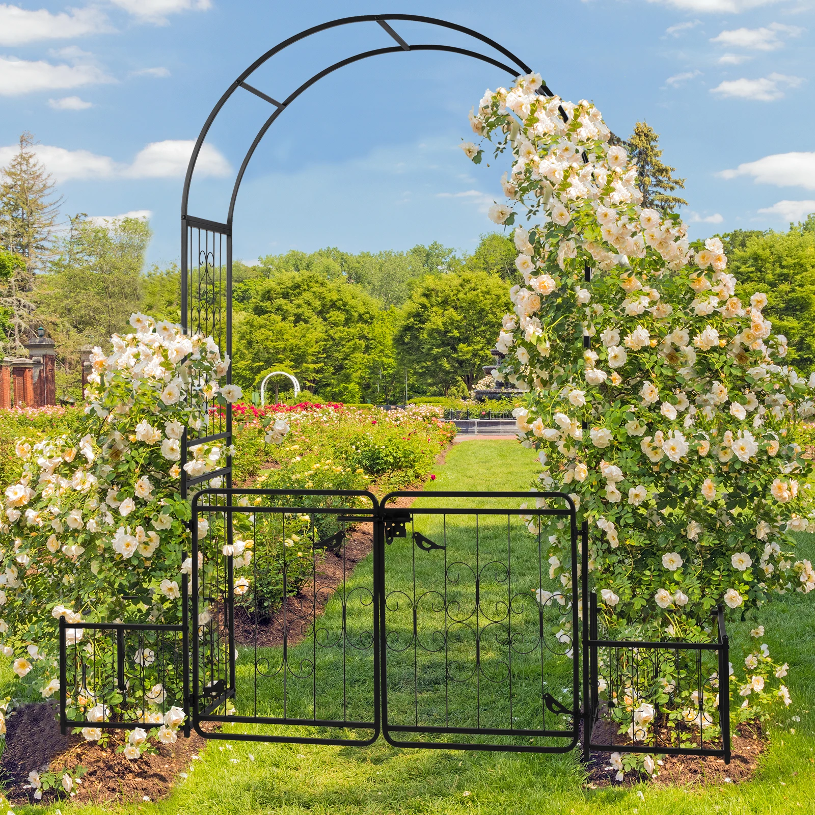 

198.5*50*219cm Courtyard Arc Top With Door With Planting Frame Iron Art Iron Arch Black