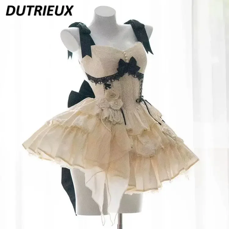 

Sweet Bow Beaded Flower Design Lolita Dress for Women2024 Summer New Ruffled Birthday Princess Pleated Dress Party Three-Section