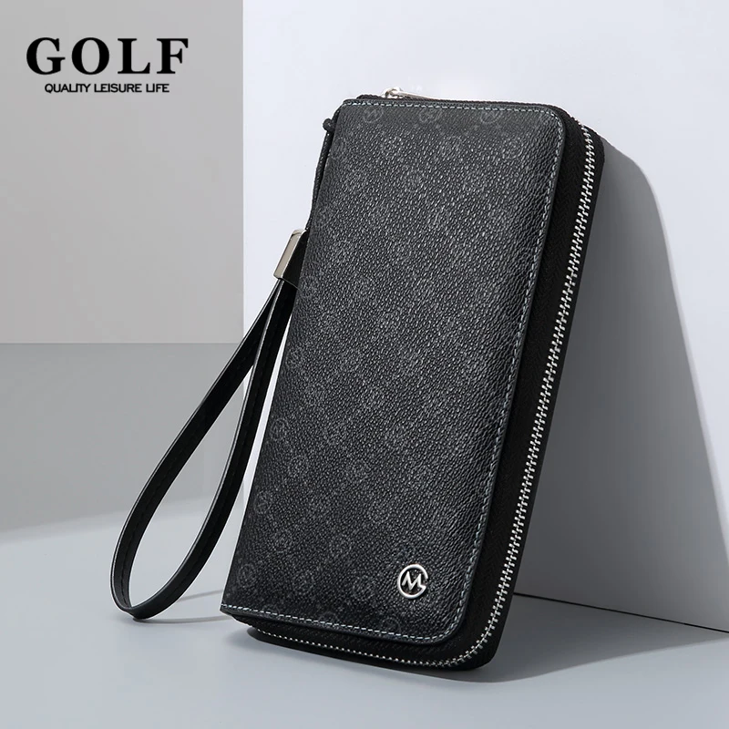 GOLF-Pochette en cuir noir pour homme, pochette en poudre, sac à main long, fermeture éclair, pince à billets, porte-cartes de crédit, portefeuille