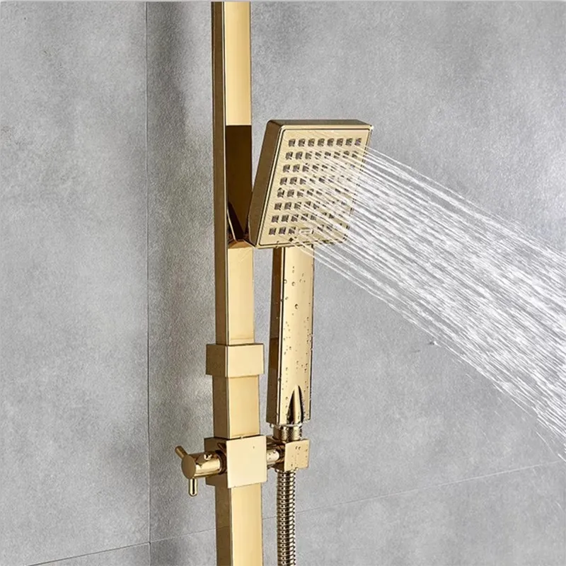 European Style Golden Wall-Mounted Shower Column Complete Set, Square Rain Shower Head Hot Cold Water Mixer Faucet for Bathroom