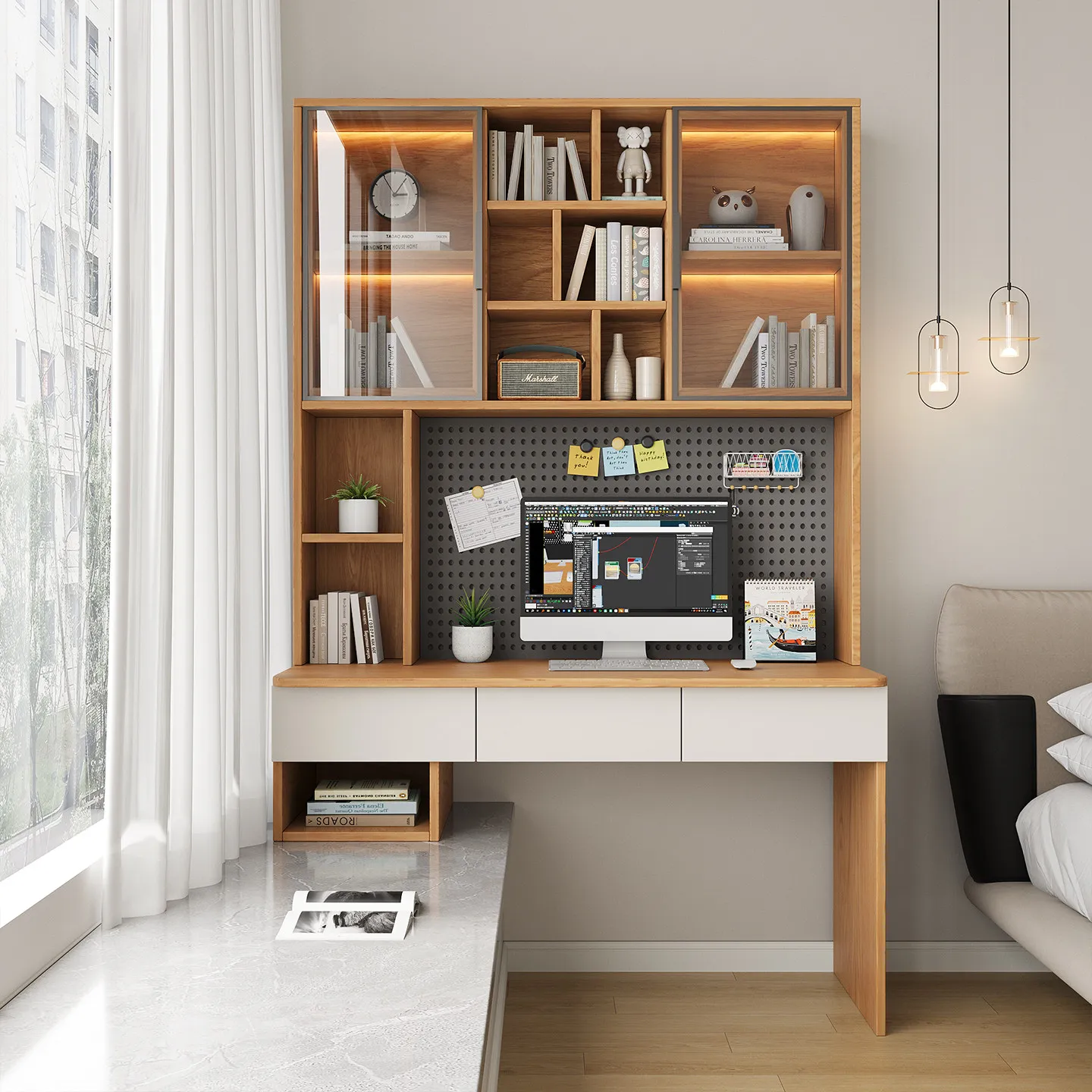 bay window desk bookshelf integrated household student computer desk glass locker bedroom window sill desk customization