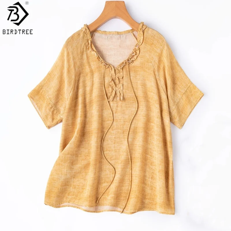 Birdtree, 100% Real Silk Tie-dyeing Tshirt, Ruffle Neck Short Sleeves Top, Women's Double Crepe Shirt, 2026 Autumn New T68105JF
