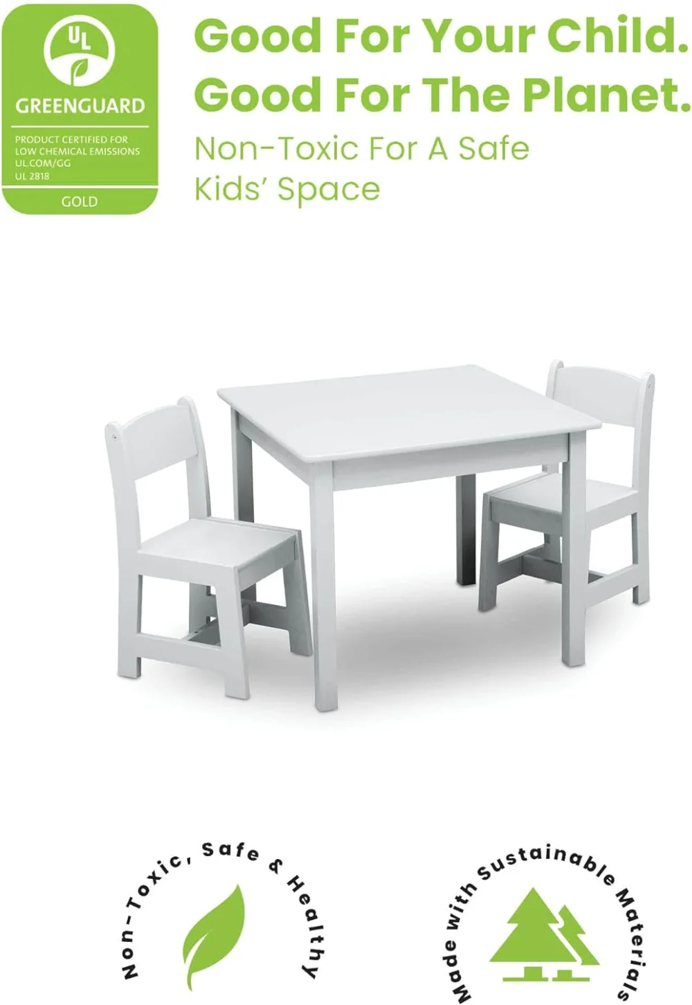 Conjunto de mesa e cadeira de madeira infantil, Greenguard Gold Certified, ideal para artes e ofícios, hora do lanche e mais, 2 cadeiras incluídas
